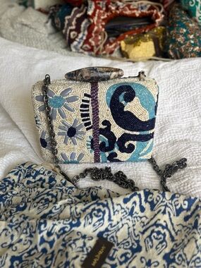 Maliparmi Beaded Floral Evening Clutch in Blue and Teal with Dark Chain